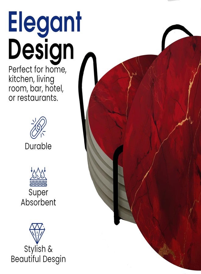 DAJDC Dark Red Agate Marble Round Coasters Set of 6 - Abosrbent Ceramic Coasters with Metal Stand for Drinks, Coffee, Non-Slip Cork Back for Tabletop Protection, 4 Inches Marbled Pattern (Dark Marble) - Image 3